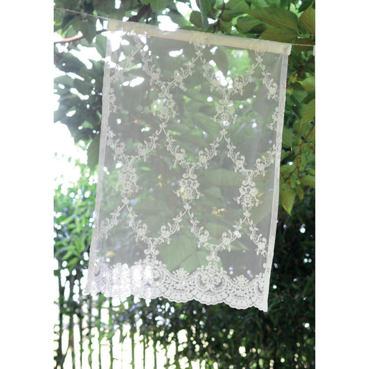 Short off-white lace curtain with elegant embroidery.