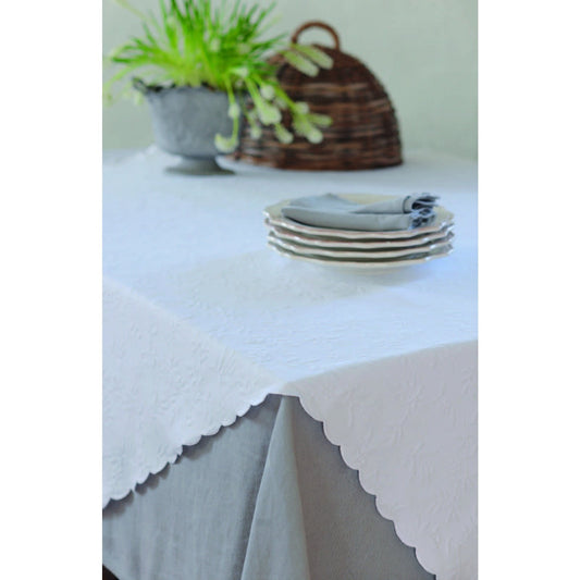Delphine table cloth is a specially designed for those who are looking for an unique table cloth.This 100% jacquard cotton table cloth has been stonewashed to give it this special finish, it also makes it easy to maintain as it will not shrink after washed or tumbling. All  sides are finished with a lovely scalloped edge.
