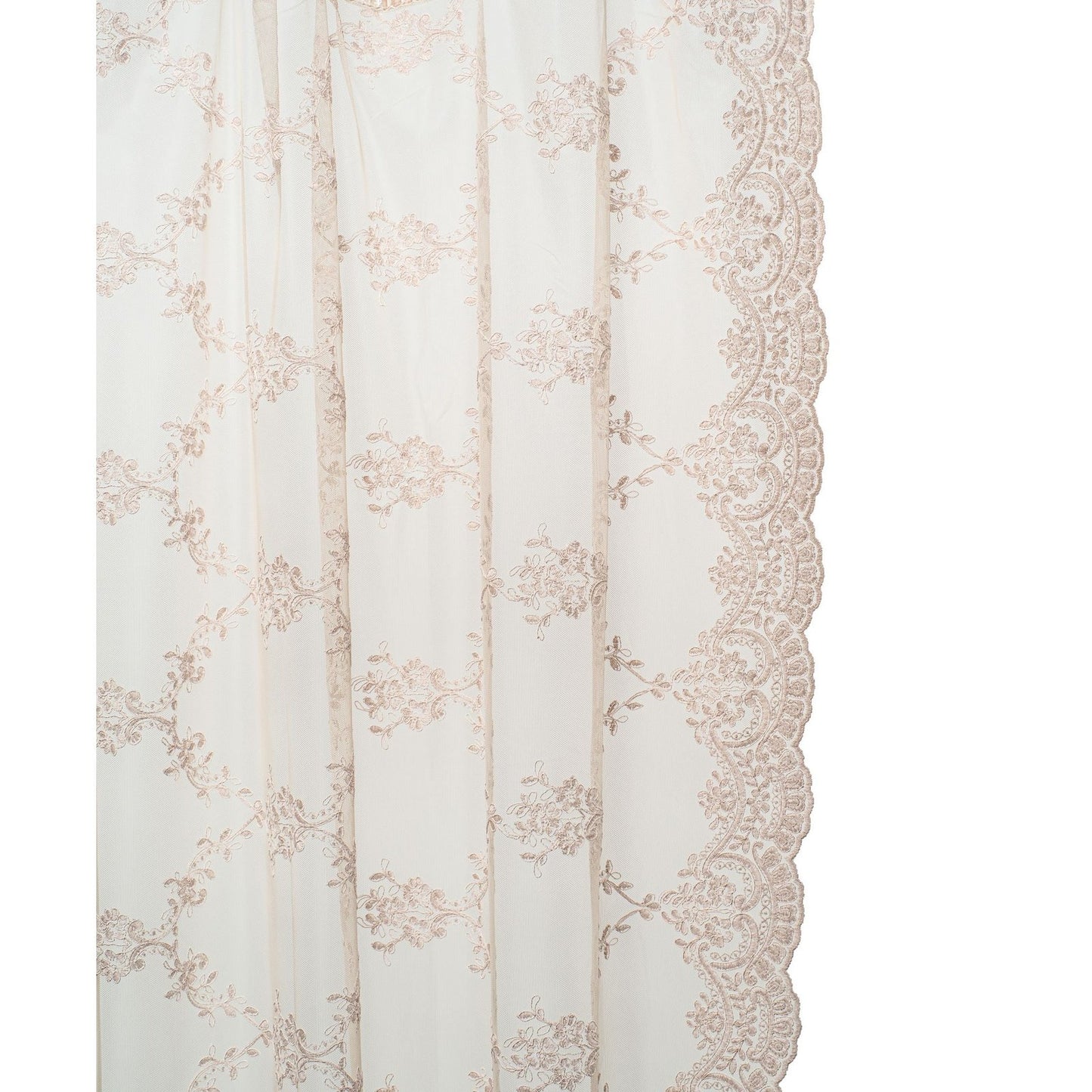 Scalloped edges and velvet ribbon add a touch of elegance to the Amelia Lace Curtain.