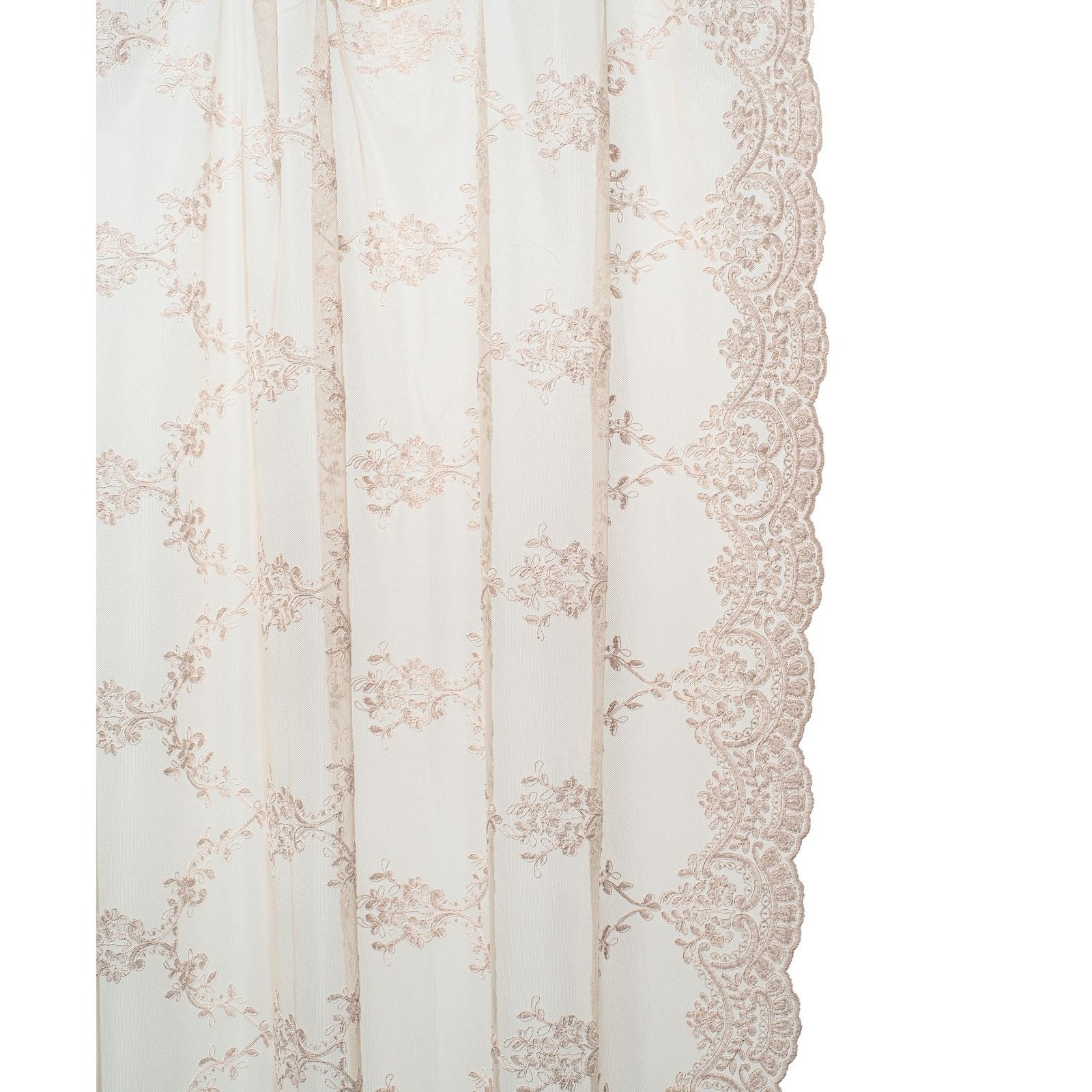 Scalloped edges and velvet ribbon add a touch of elegance to the Amelia Lace Curtain.